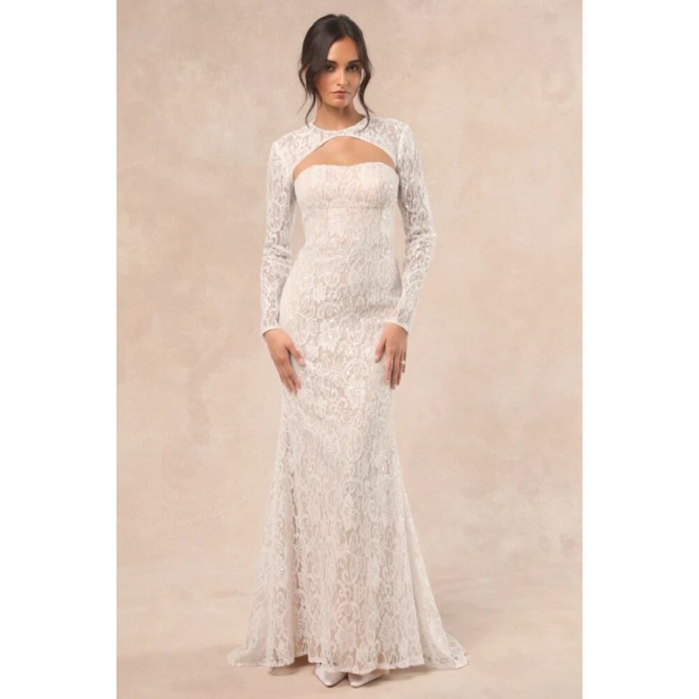 NWT Lulus Neska White and Beige Lace Maxi Wedding Dress and Shrug Set M
